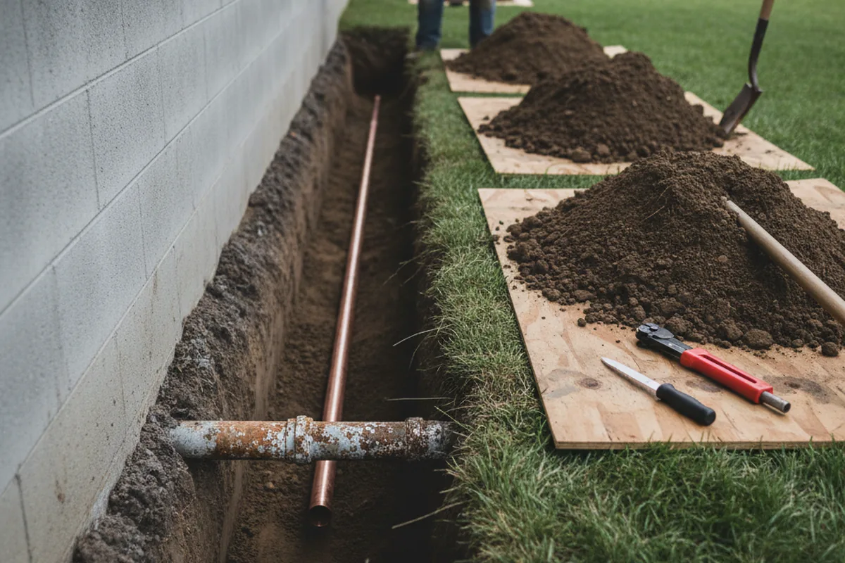 Excavated water line trench during Sewer Line Repair in Thousand Island Park